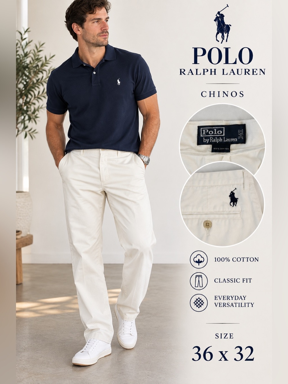 Polo Ralph Lauren Chino Pants Men’s 36x32 White Cotton Classic Fit